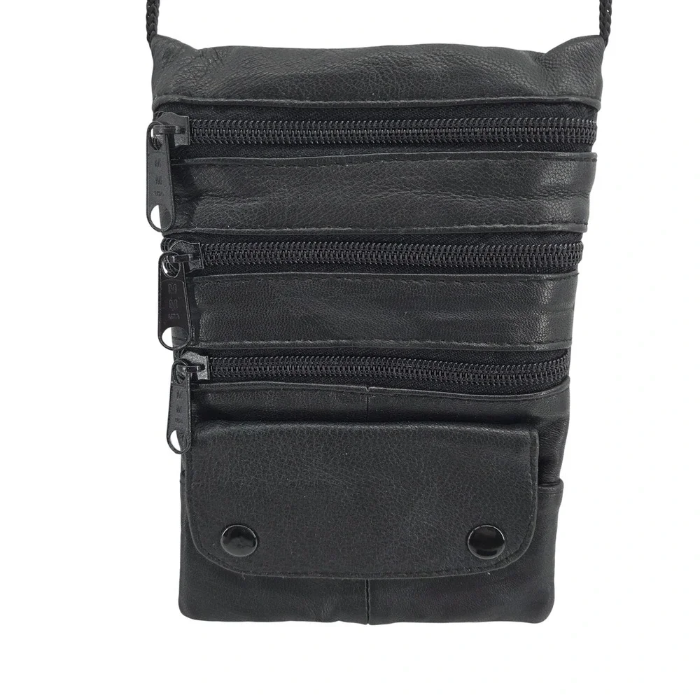 Black Leather Multi‎ Zipper Crossbody Phone Bag Small Shoulder Pouch